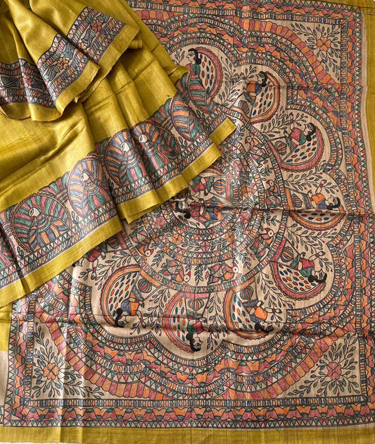 Mustard Madhubani hand painted Ghicha Tussar Silk Saree |Peepal Clothing