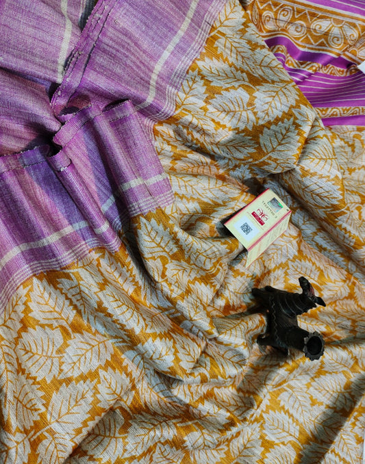 Mustard Printed Tussar Ghicha Silk Saree| Peepal Clothing