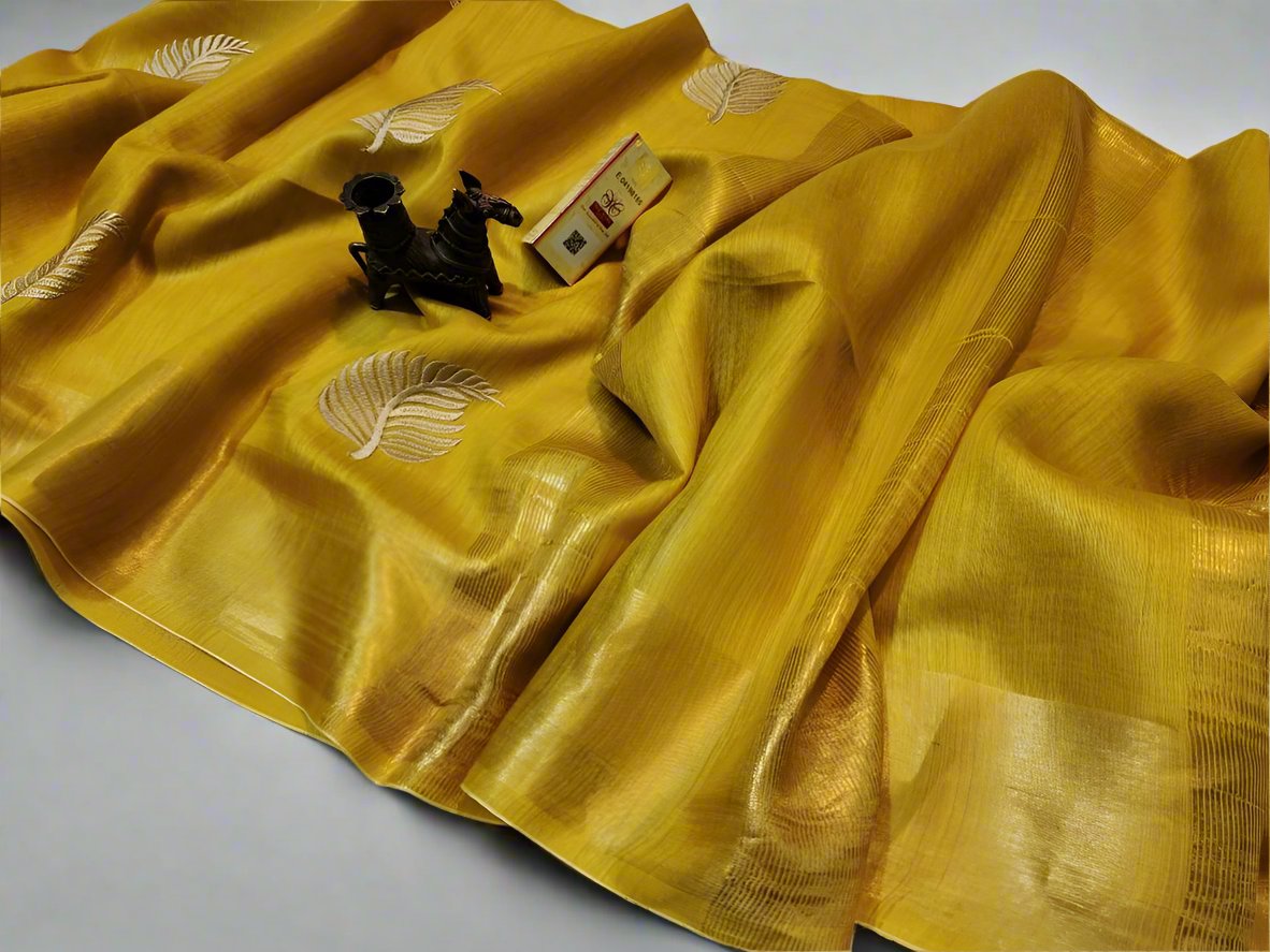 Buy Mustard Tussar Munga Embroidered Silk Saree | Peepal Clothing