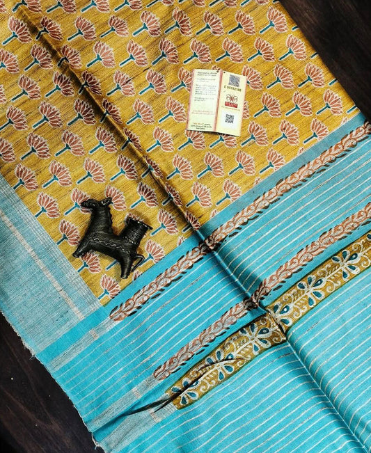 Mustard and Blue Floral Printed Tussar Ghicha Silk Saree| Peepal Clothing