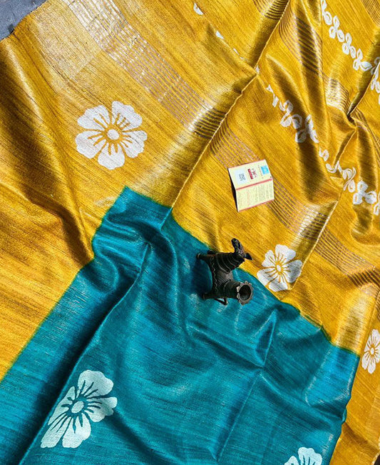 Mustard and Blue Floral Printed Tussar Ghicha Silk Saree with Zari Border | Peepal Clothing