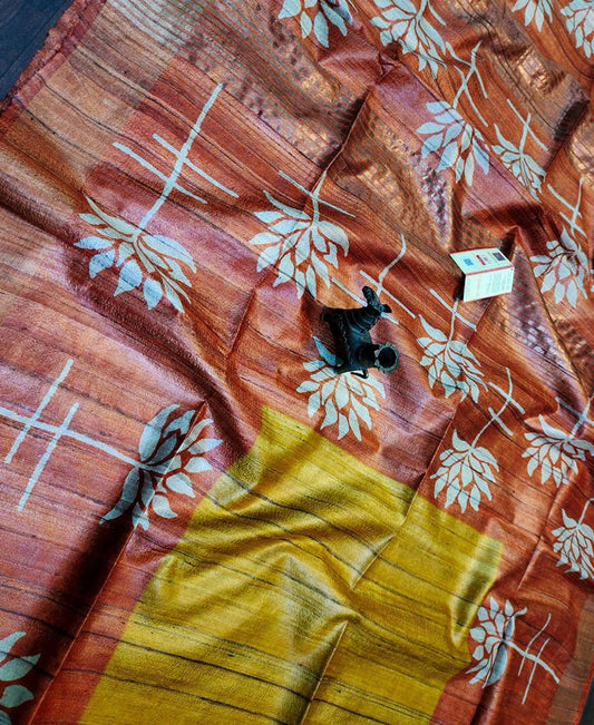 Mustard and Orange Floral Printed Tussar Ghicha Silk Saree with Zari Border | Peepal Clothing