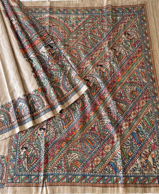 Natural Madhubani Hand Painted Geometrical Pallu Tussar Ghicha Silk Saree | Peepal Clothing