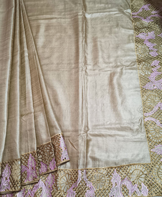 Natural Hand Cutwork Tussar Silk Saree | Peepal Clothing