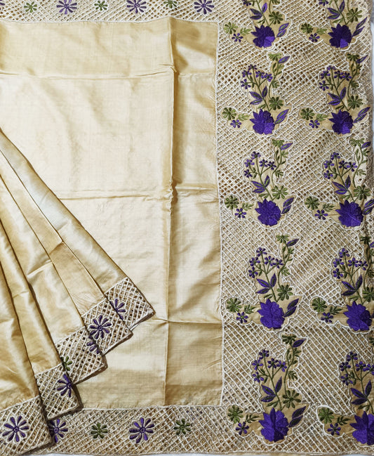 Natural Cutwork Tussar Silk Saree | Peepal Clothing