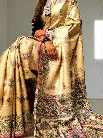 Natural Madhubani Printed Saree With Pink Edge || Peepal Clothing