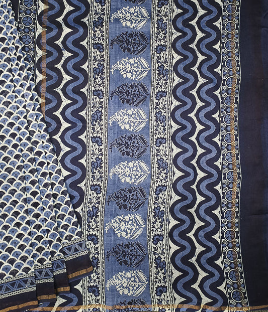 Navi Blue Chanderi Saree with Zari Border | Peepal Clothing