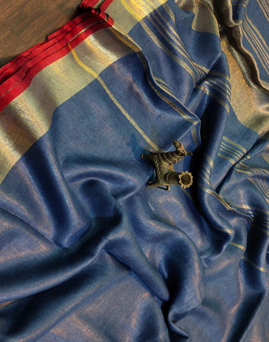Navy Blue Plain Linen Saree | Peepal Clothing