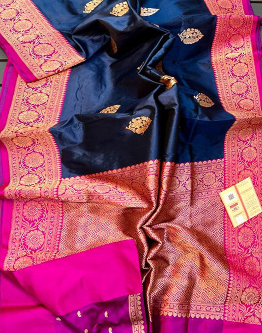 Navy Blue Pure Katan Silk Saree Featuring Floral Weaved Buta | Peepal Clothing