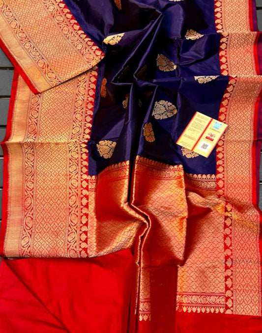 Navy Blue Pure Katan Silk Saree Featuring Weaved Buta | Peepal Clothing