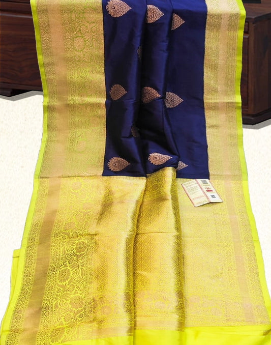 Navy Blue and Yellow Pure Katan Silk Saree | Peepal Clothing