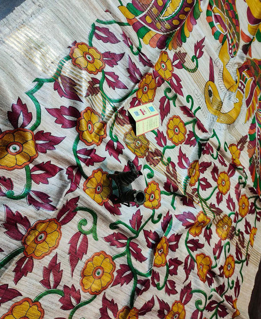 Off-white Floral Printed Tussar Ghicha Silk Saree with Zari Border | Peepal Clothing