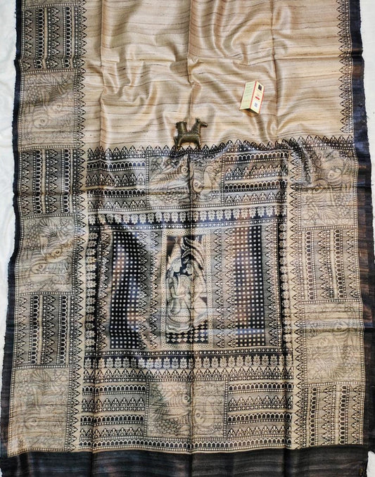 Off-white Madhubani Printed Silk Saree| Peepal Clothing