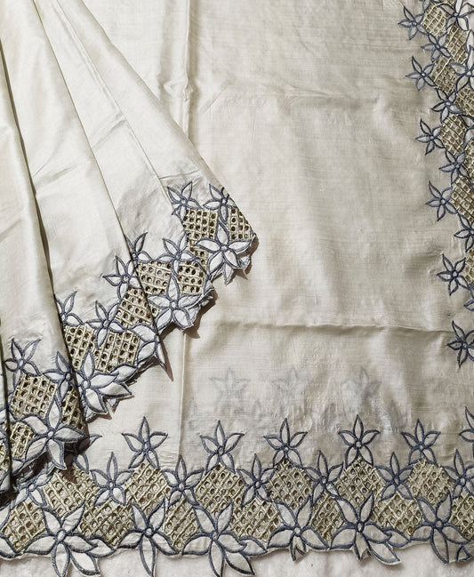 Off-white Cutwork Tussar Silk Saree | Peepal Clothing