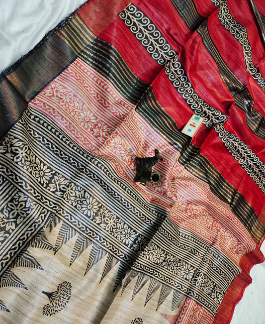 Off-white and Red Printed Tussar Ghicha Silk Saree with Zari Border | Peepal Clothing