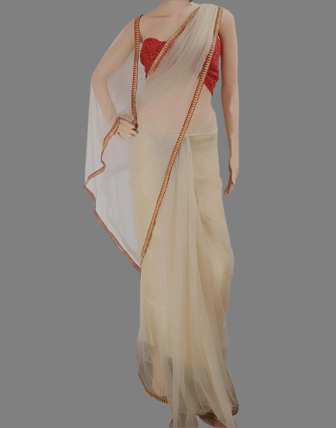 Off White Lace Border Net Saree | Peepal Clothing