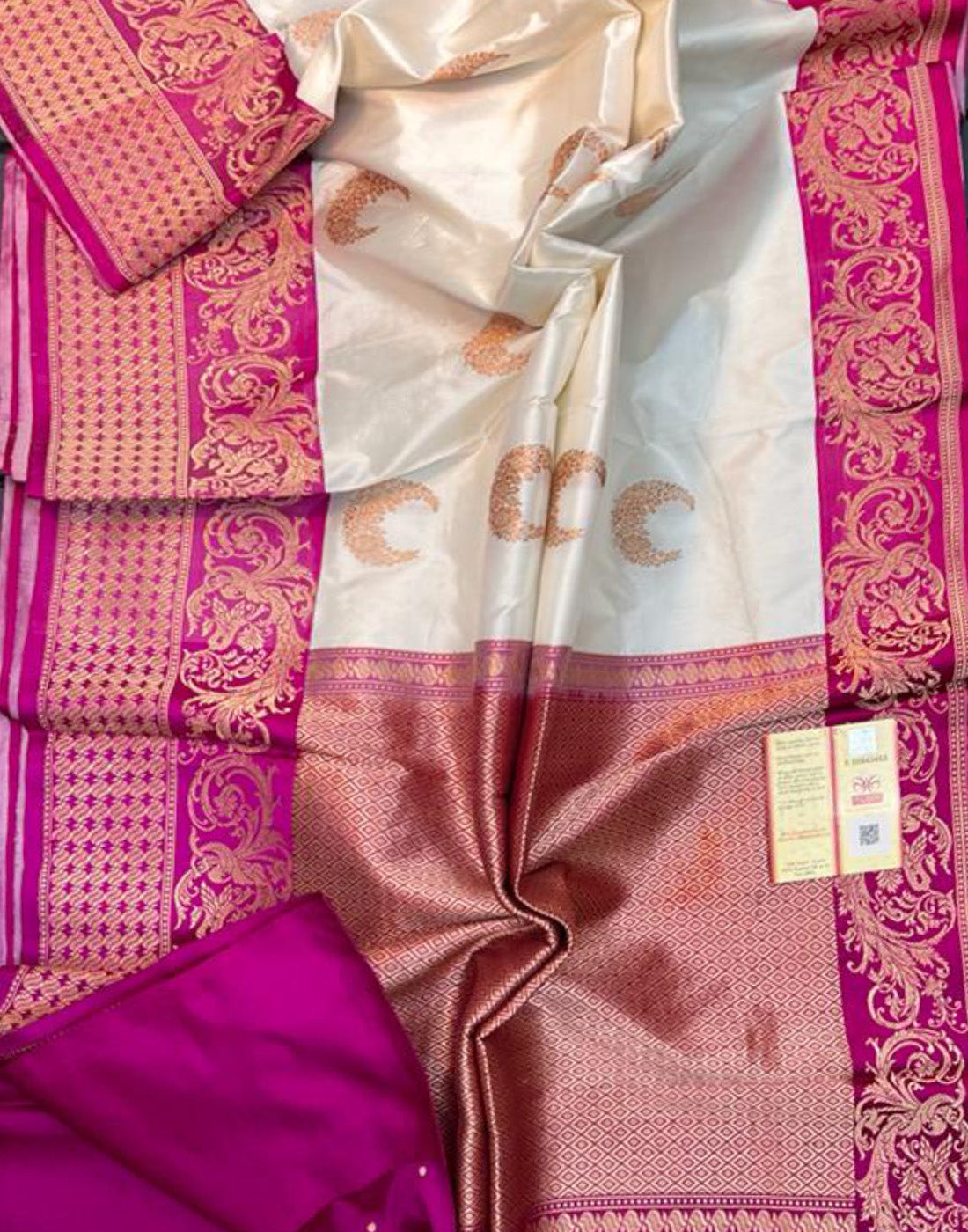 Off White Pure Katan Silk Saree Featuring Weaved Buta | Peepal Clothing