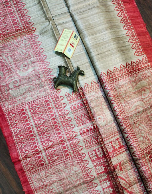 Off-white Madhubani Printed Silk Saree with red border| Peepal Clothing