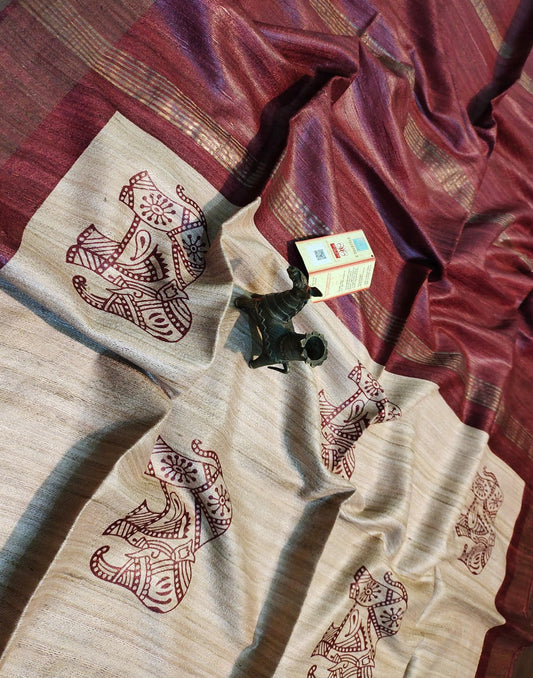 Off-white Printed Tussar Ghicha Silk Saree with Zari Border| Peepal Clothing