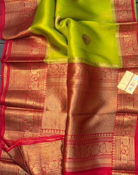 Olive Banarasi Pure Khaddi Organza Silk Saree | Peepal Clothing