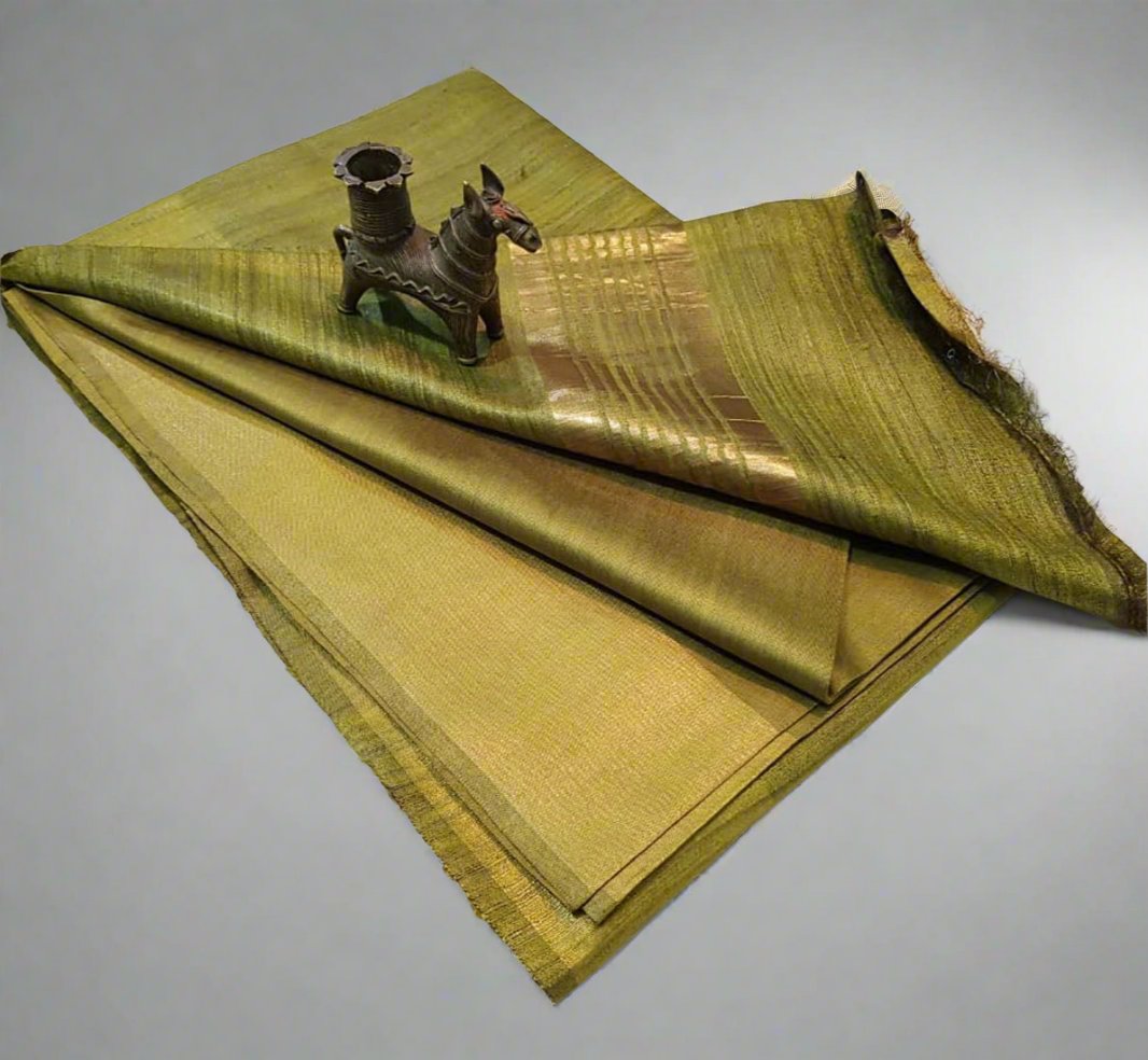 Olive Korean tussar ghicha pallu saree with staple body and Zari border ...