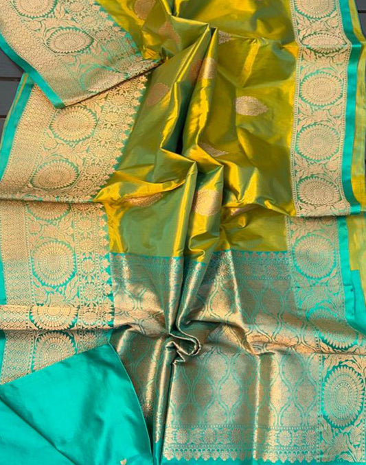 Olive Pure Katan Silk Saree Featuring Weaved Buta | Peepal Clothing