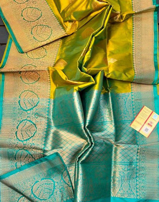 Olive Pure Katan Silk Saree Featuring Weaved Check Pallu | Peepal Clothing