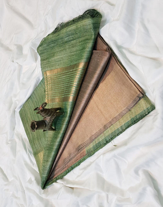 Olive brown Korean tussar ghicha pallu saree with staple body and Zari border| Peepal Clothing