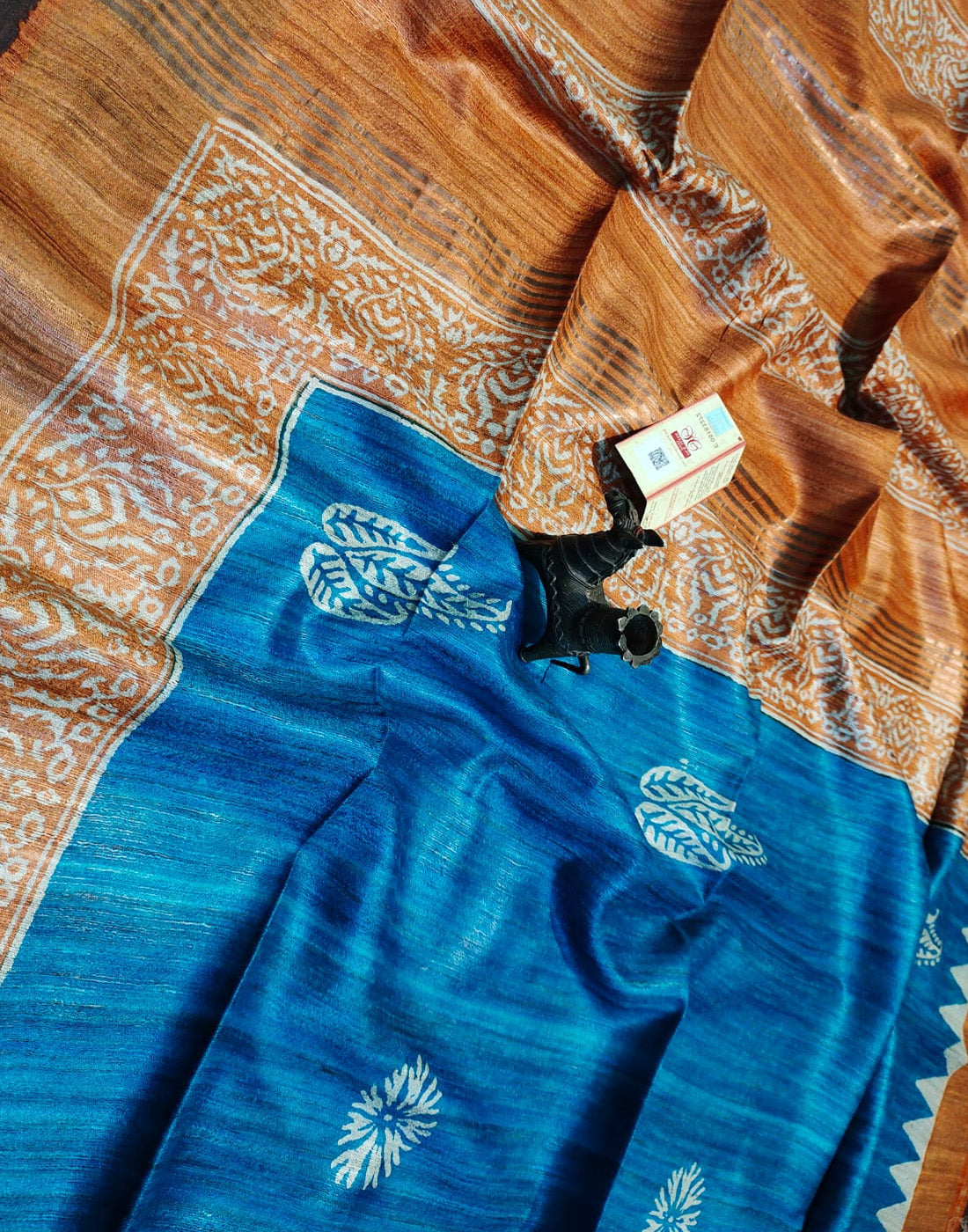 Orange and Blue Tussar Ghicha Printed Silk Saree| Peepal Clothing