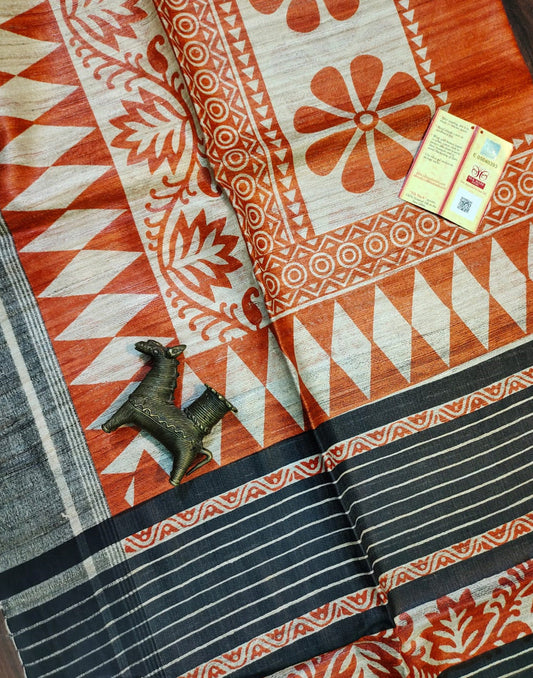 Orange Abstract Printed Tussar Ghicha Silk Saree| Peepal Clothing