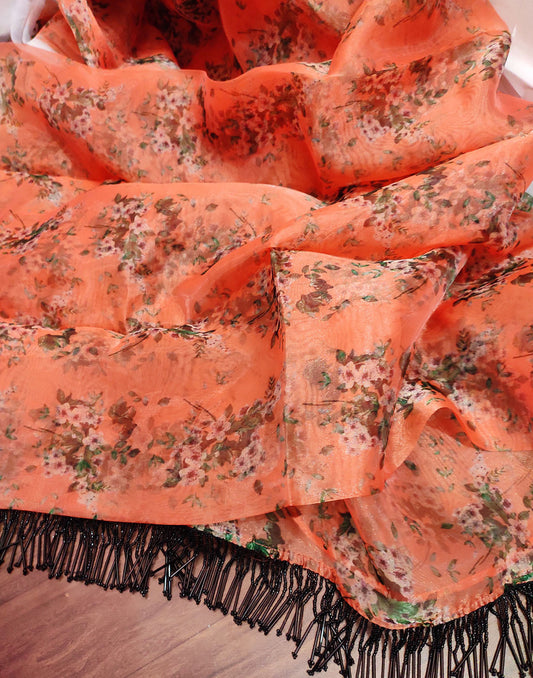 Orange Floral Printed Organza Saree | Peepal Clothing