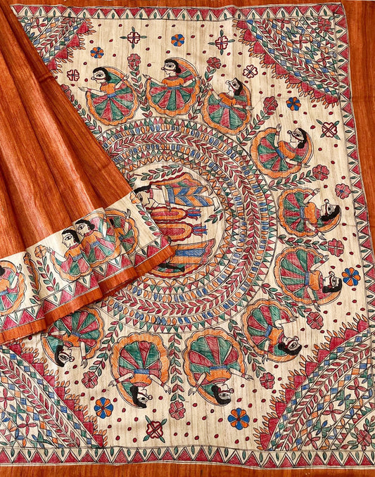 Orange Hand Painted Madhubani Tussar Ghicha Silk Saree | Peepal Clothing