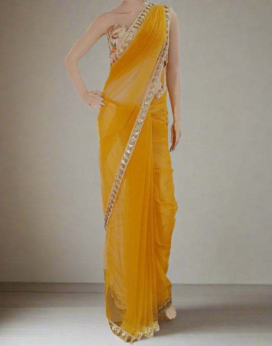 Orange Lace Border Net Saree  | Peepal Clothing