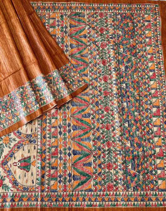 Orange Madhubani Hand Painted Tussar Ghicha Silk Saree | Peepal Clothing
