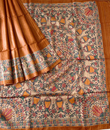 Orange Madhubani hand painted Ghicha Tussar Silk Saree |Peepal Clothing