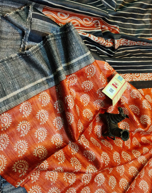 Orange Paisley Printed Tussar Ghicha Silk Saree| Peepal Clothing