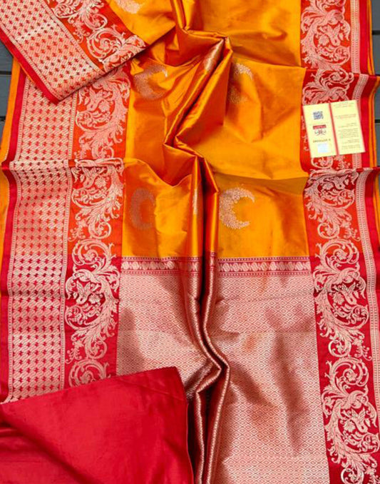 Orange Pure Katan Silk Saree Featuring Weaved Buta | Peepal Clothing