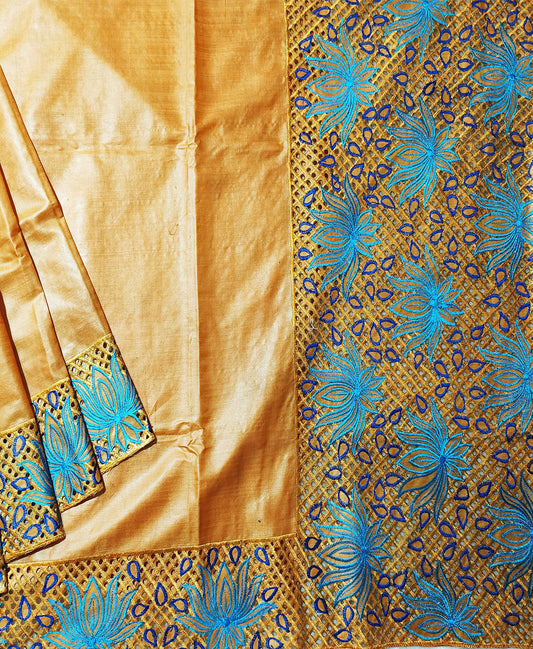 Orange Cutwork Tussar Silk Saree | Peepal Clothing