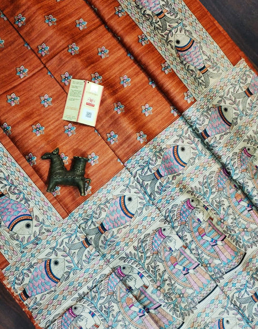 Orange Tussar Ghicha Madhubani Buta Printed Silk Saree| Peepal Clothing