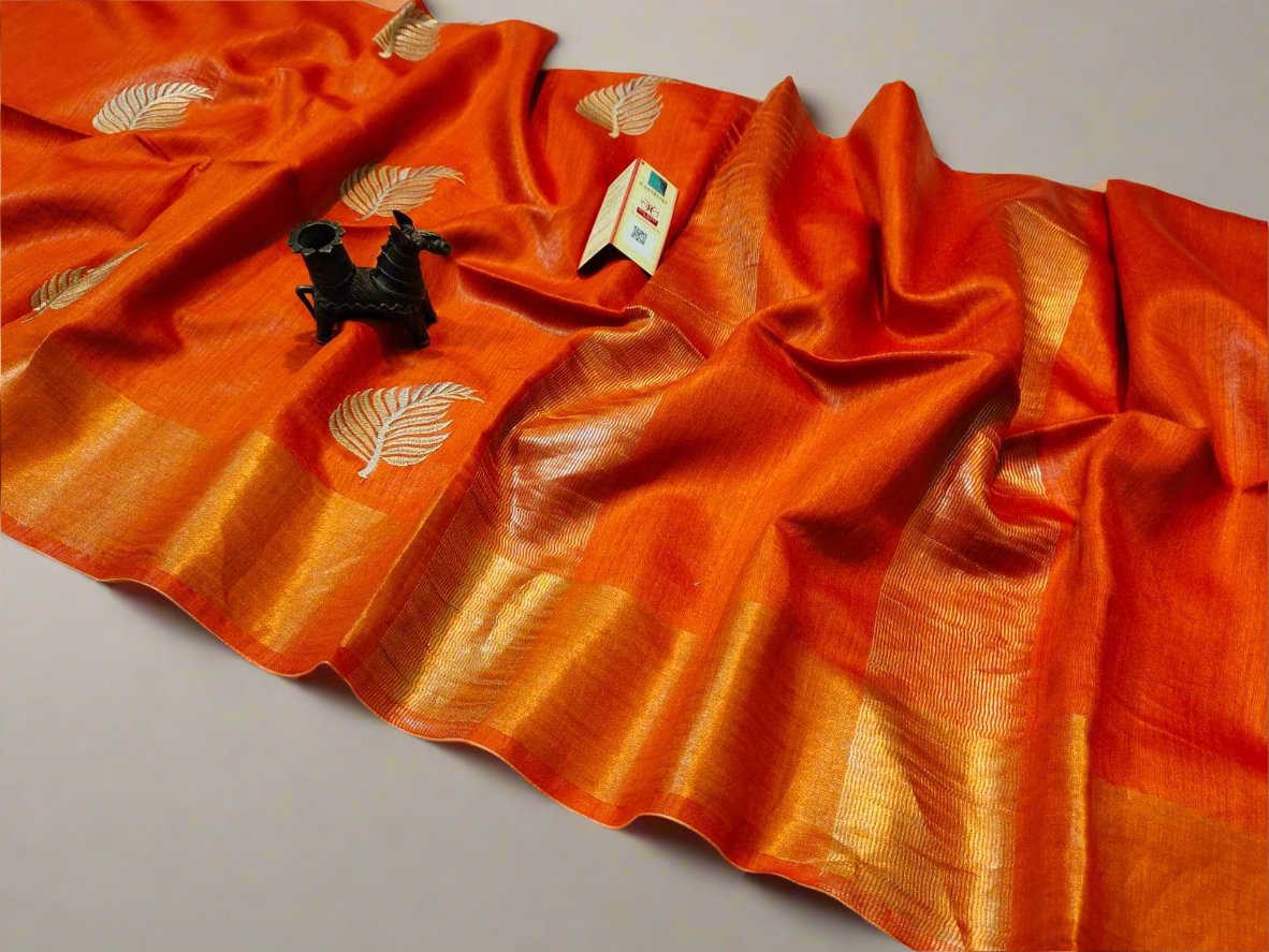 Buy Orange Tussar Munga Embroidered Silk Saree | Peepal Clothing