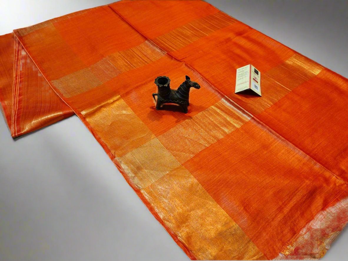 Buy Orange Tussar Munga Zari Border Saree