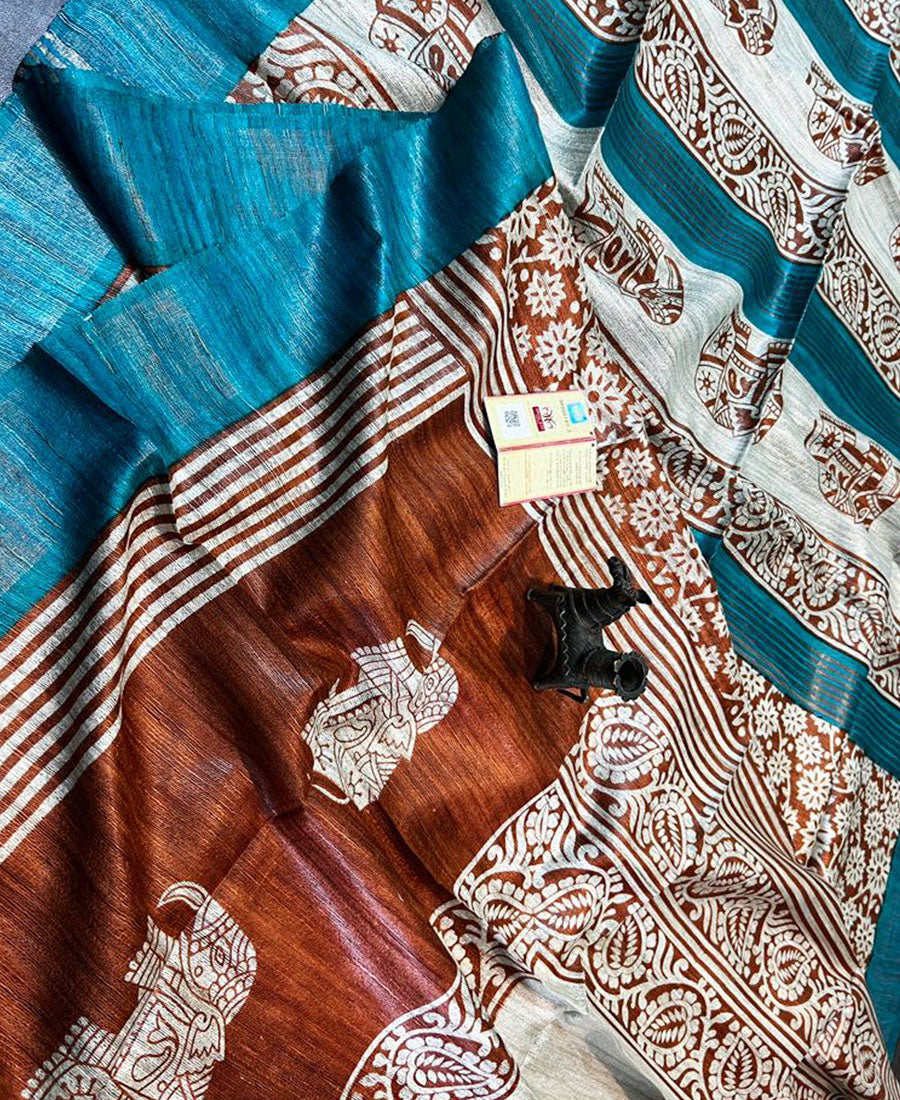 Orange and Blue Printed Tussar Ghicha Silk Saree with Zari Border | Peepal Clothing