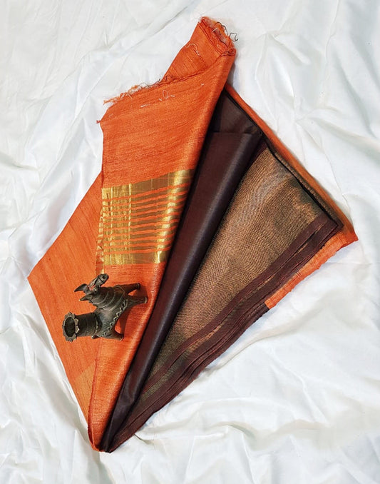 Orange and Brown Korean tussar ghicha pallu saree with staple body and Zari border| Peepal Clothing