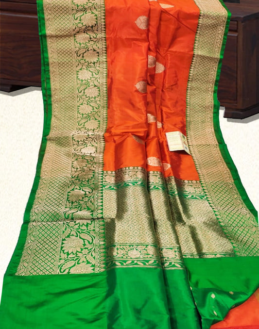 Orange and Green Pure Katan Silk Saree | Peepal Clothing