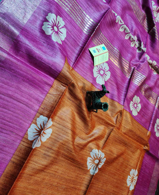 Orange and Purple Printed Tussar Ghicha Silk Saree with Zari Border | Peepal Clothing