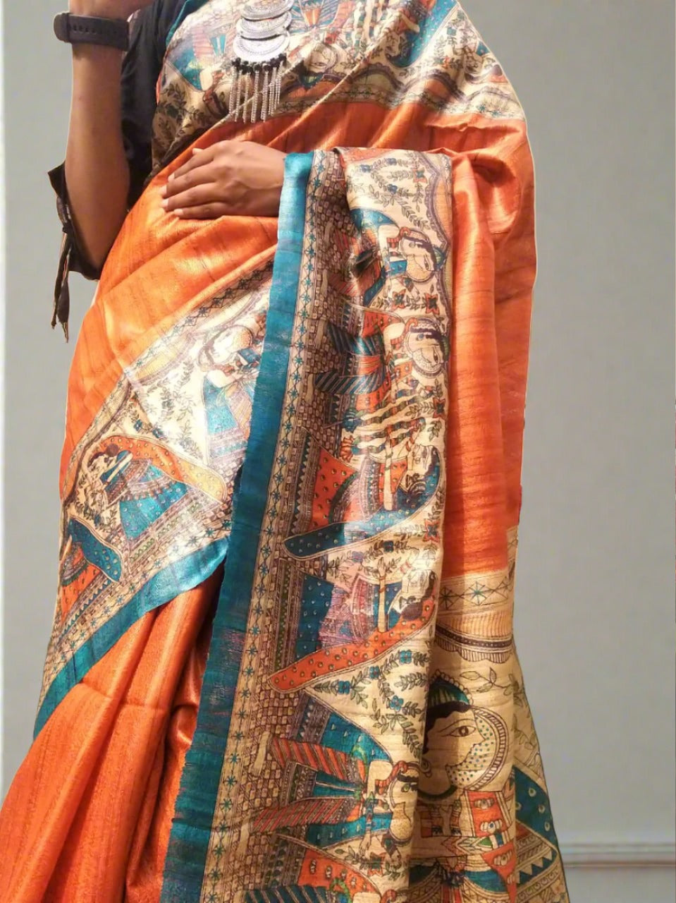 Orange Madhubani Printed Tussar Ghicha Silk Saree || Peepal Clothing