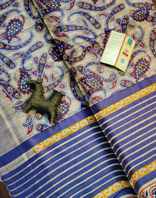 Paisley Printed Tussar Ghicha Silk Saree| Peepal Clothing