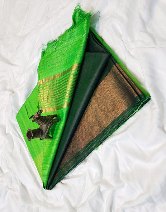 Parrot green Korean tussar ghicha pallu saree with staple body and Zari border| Peepal Clothing