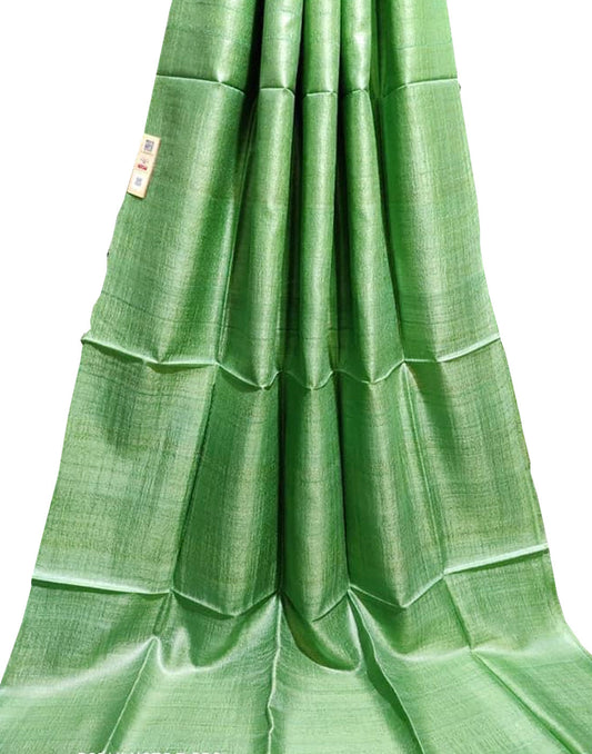 Pasta Green Pure Desi Tussar Plain Silk Saree| Peepal Clothing