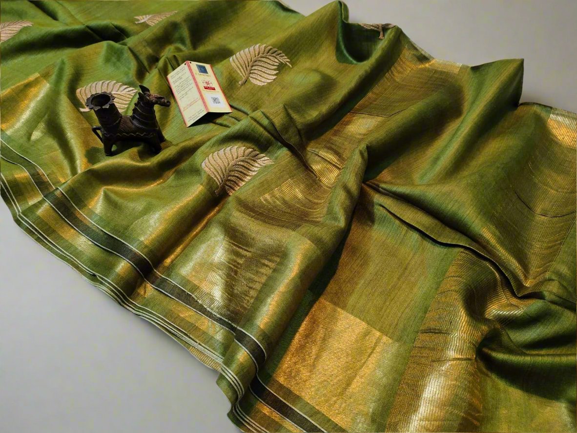 Buy Pasta Green Tussar Munga Embroidered Silk Saree | Peepal Clothing